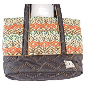 Cinda B Purse Line Design Bag Brown Everyday Organizer 8 Pockets Zipper 16x11x3
